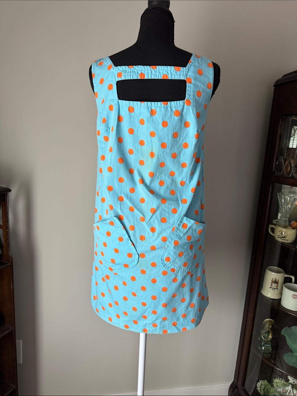 Vintage Sleeveless Mini Dress in Light Blue  wOrange Polka Dots by Plsymates 7/8